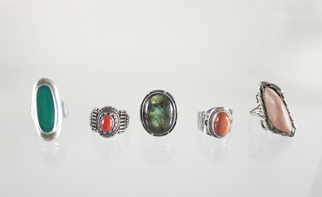 Lot of 5 Estate Vintage Sterling Silver & Cabochon Gem Stone Rings, Sz 9-9.5