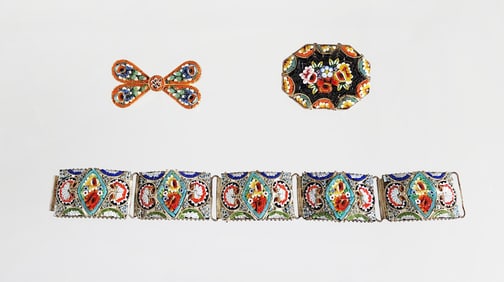 Estate Vintage Italian Micromosaic Bracelet and 2 Brooches