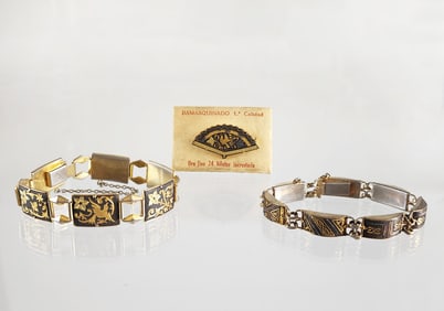 Estate Vintage Spanish Damasquinado Brooch & Two Bracelets