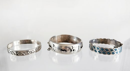 Lot of 3 Estate Vintage Mexican Southwest Sterling Silver Bangle Bracelets
