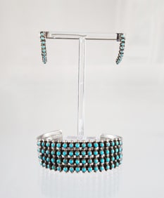 Estate Vintage Native American Sterling Silver & Turquoise Cuff Bracelet & Earrings