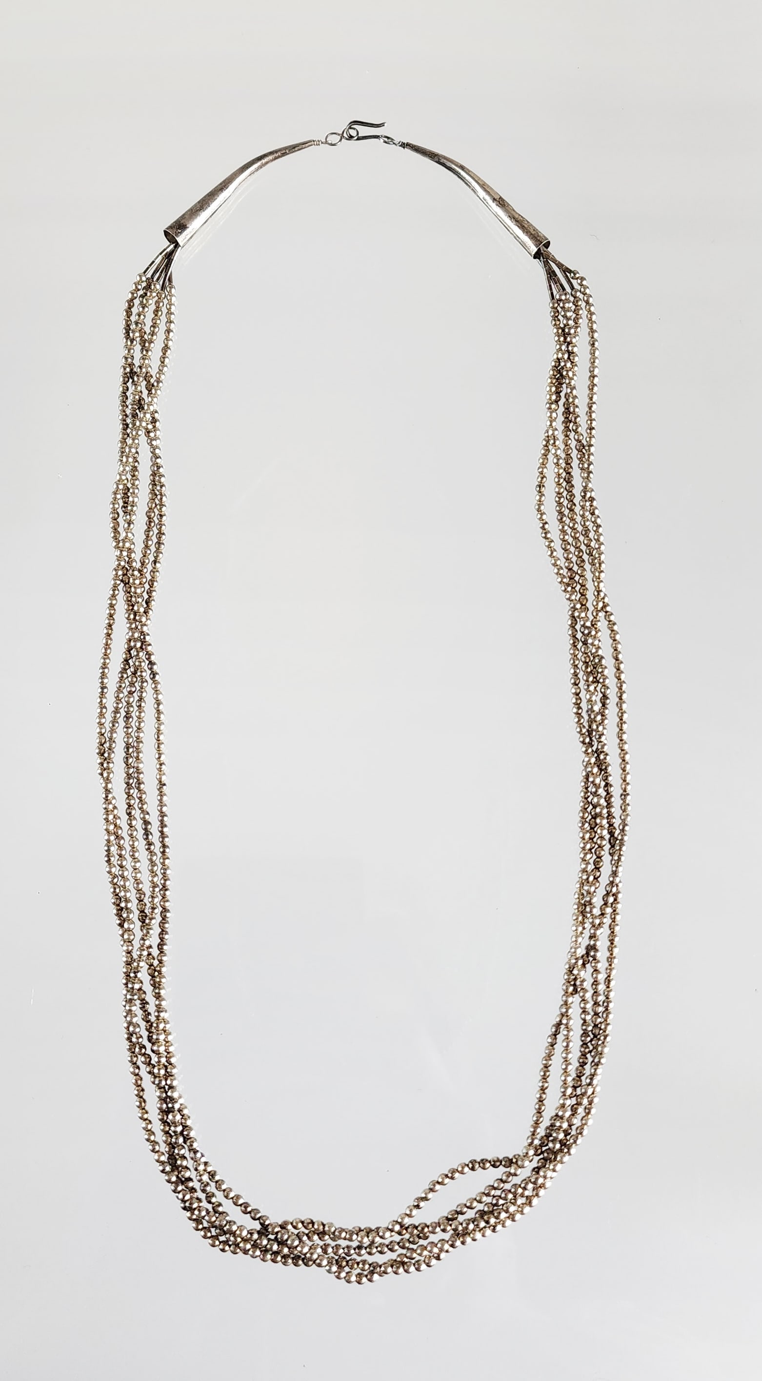 Estate Vintage Native American Sterling Silver 5-Strand Navajo Pearl Necklace: Estate Vintage Native American Sterling Silver 5-Strand Navajo Pearl Necklace. Length 24 inches. Marks: Sterling. Total weight: 47 grams. Provenance: Estate of Victoria Salter (1944-2024) Victoria Sal