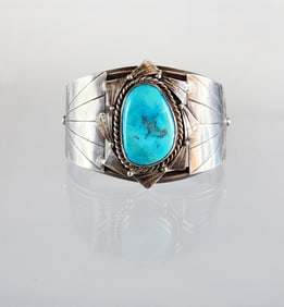 Estate Vintage Prince Trading Co Native American Sterling Silver & Turquoise Cuff Bracelet