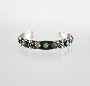 Estate Vintage L Esalalio Zuni Sterling Silver & Turquoise Cuff Bracelet