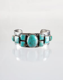 Estate Vintage Native American Sterling Silver & Turquoise Cuff Bracelet