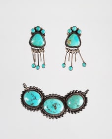 Estate Vintage Native American Silver & Turquoise Earrings & Pendant