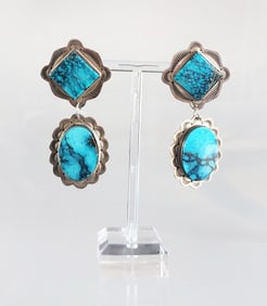 Estate Vintage Frank & Brihilda Coriz Native American Turquoise & Sterling Silver Earrings