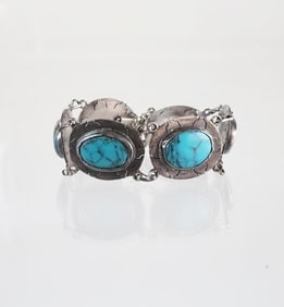 Estate Vintage Mexican Sterling Silver & Turquoise Bracelet
