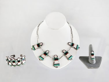 Estate Vintage Native American Theresa Waseta Signed Zuni Gemstone Inlay Sterling Silver Jewelry Set