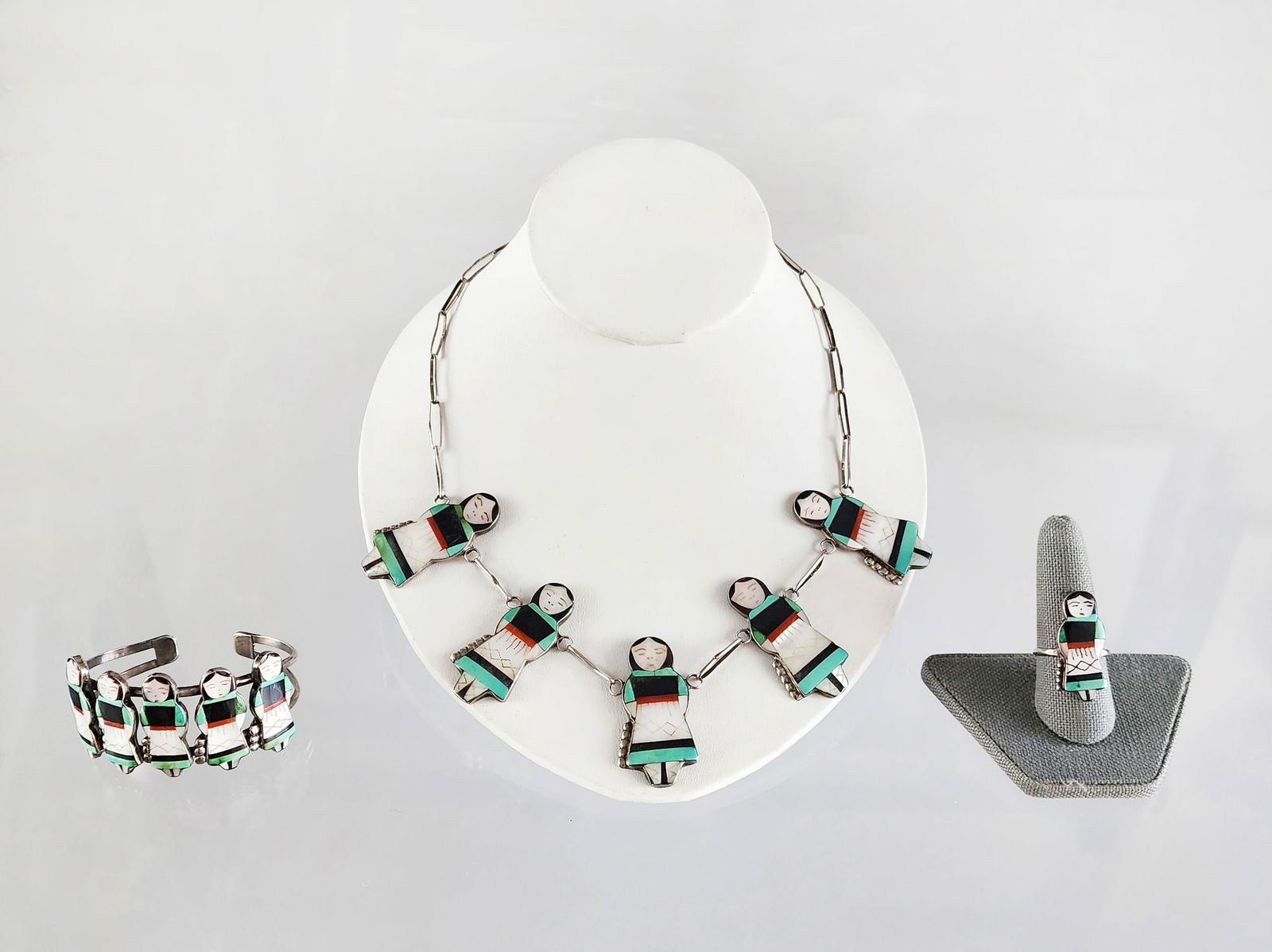 Estate Vintage Native American Theresa Waseta Signed Zuni Gemstone Inlay Sterling Silver Jewelry Set (1 of 15)