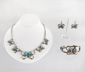 Estate Vintage Native American Zuni Gemstone Inlay Sterling Silver Jewelry Set