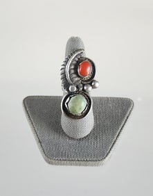 Estate Vintage Native American Navajo Sterling Silver, Turquoise & Coral Ring, Size 7.5