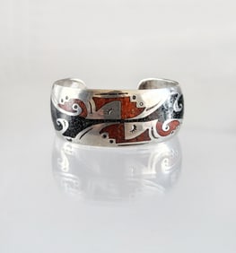 Estate Vintage Native American Navajo Sterling Silver & Inlay Cuff Bracelet