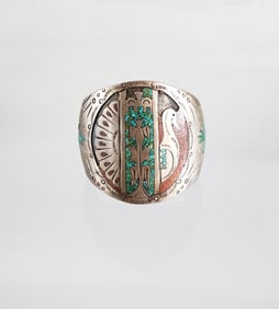 Estate Vintage Native American Navajo Sterling Silver & Inlay Cuff Bracelet