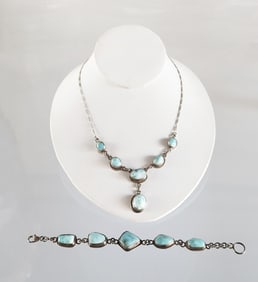 Estate Vintage Sterling Silver & Larimar Necklace & Bracelet