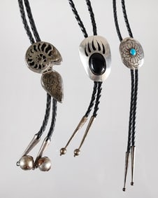 Lot of 3 Estate Vintage Native American Sterling Silver & Leather Bolo Ties