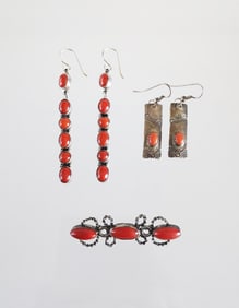 Estate Vintage Native American Sterling Silver & Coral Earrings & Brooch