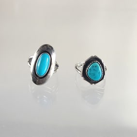 Estate Vintage Lot of 2 Native American Navajo Sterling Silver & Turquoise Rings