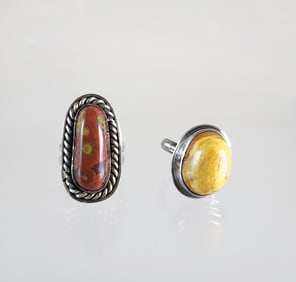 Estate Vintage Native American Sterling Silver & Jasper & Amber Ring, Sz 7