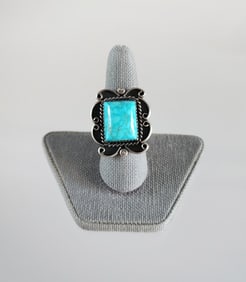 Estate Vintage Native American Navajo Sterling Silver & Turquoise Ring, Sz 7.5