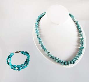 Estate Vintage Peyote Bird Turquoise Bead Bracelet & Hand Tied Turquoise Necklace