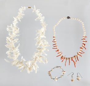 Group of Estate Vintage Pearl, Coral, Mother-of-Pearl & Sterling Silver Jewelry