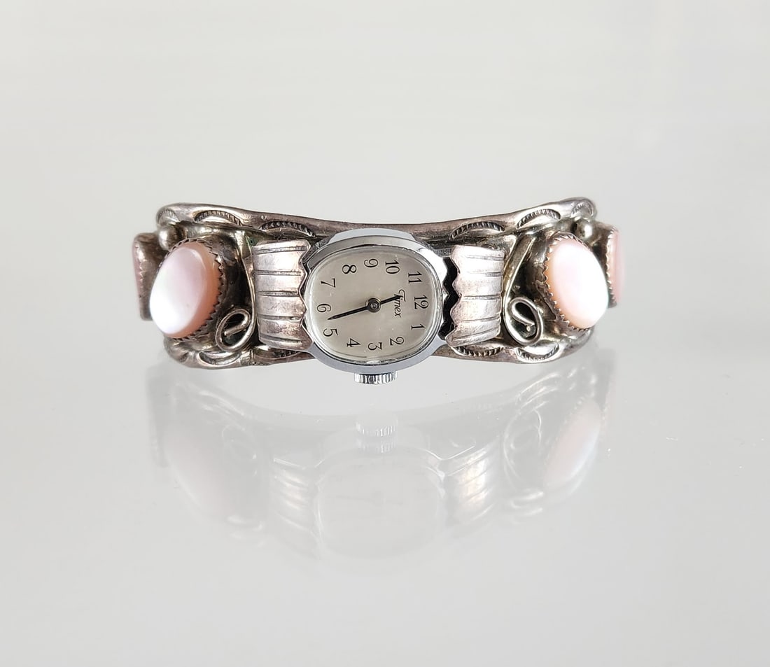 Vintage Tom Taylor Navajo Sterling Silver & Mother of Pearl Watch Bracelet (1 of 4)