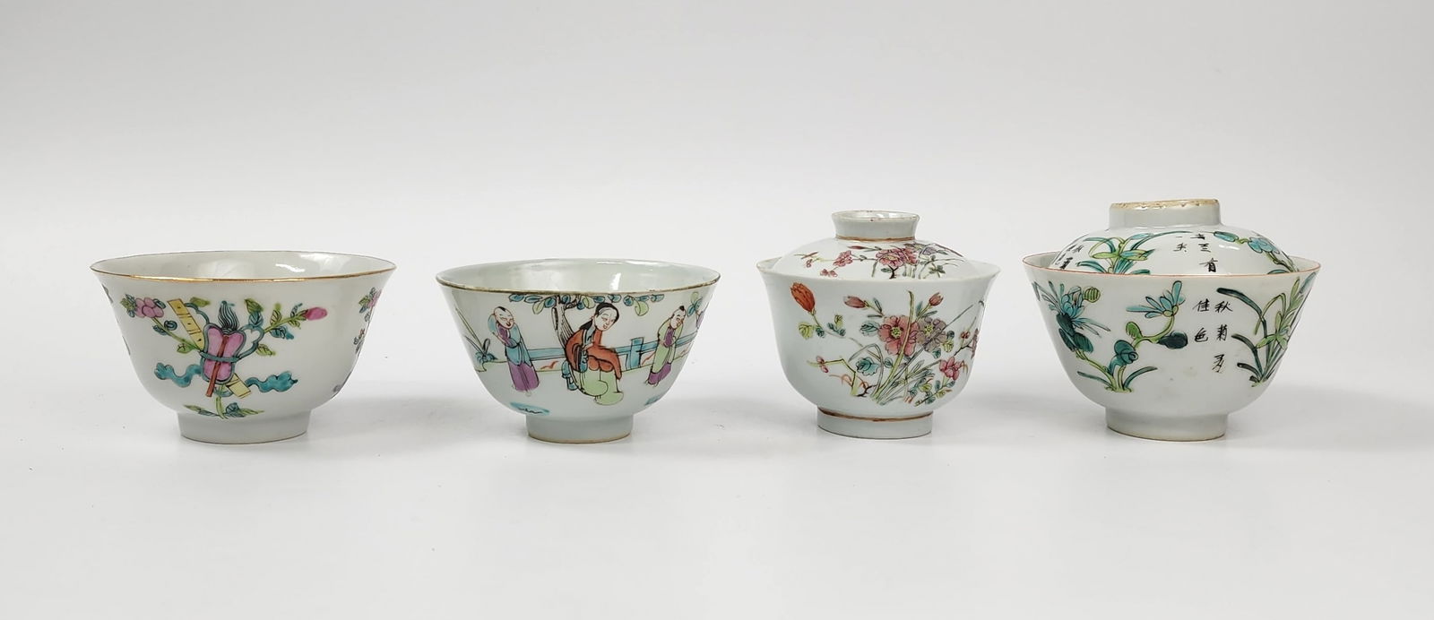 Lot of 4 Antique Chinese Famille Rose Porcelain Cups: Lot of 4 Antique Chinese Famille Rose Porcelain Cups or bowls, largest- d. 4 inches, h. 2.5 inches, circa late 19th- early 20th century. Provenance: Estate of a New York collector/ dealer. The collect
