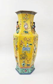 Antique Chinese Famille Rose Yellow Ground Porcelain Large Octagonal Vase