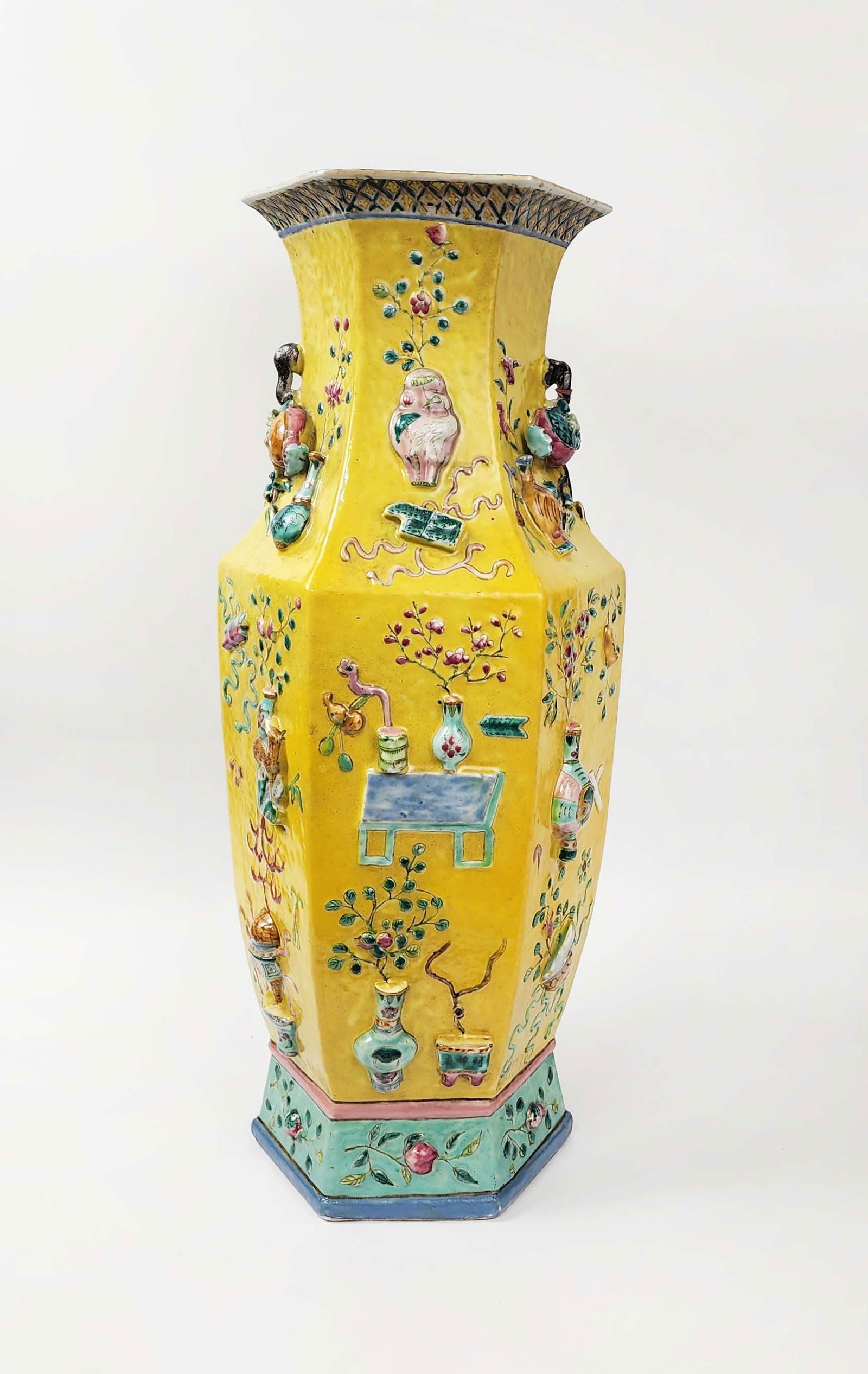 Antique Chinese Famille Rose Yellow Ground Porcelain Large Octagonal Vase (1 of 16)