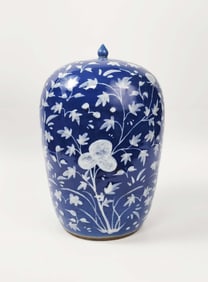 Antique Chinese Blue Ground White Slip Decorated Ginger Jar