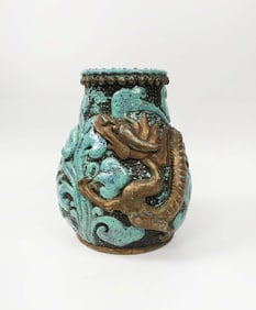 Antique Chinese Turquoise Glazed Relief Nanking Ware Vase