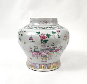 Antique Chinese Famille Rose Grey Ground Enameled Porcelain Jar