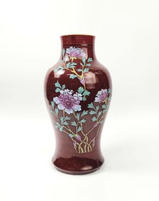 Antique Chinese Red Flambe Glazed & Enameled Porcelain Vase