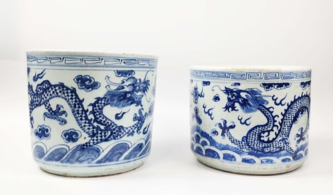 Lot of 2 Antique Chinese Blue & White Porcelain Dragon Brush Pots