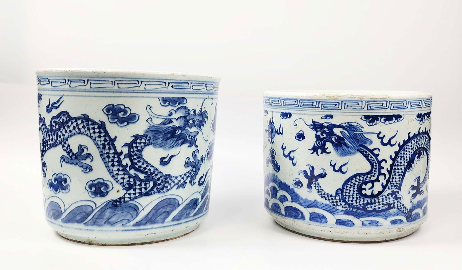 Lot of 2 Antique Chinese Blue & White Porcelain Dragon Brush Pots (1 of 11)