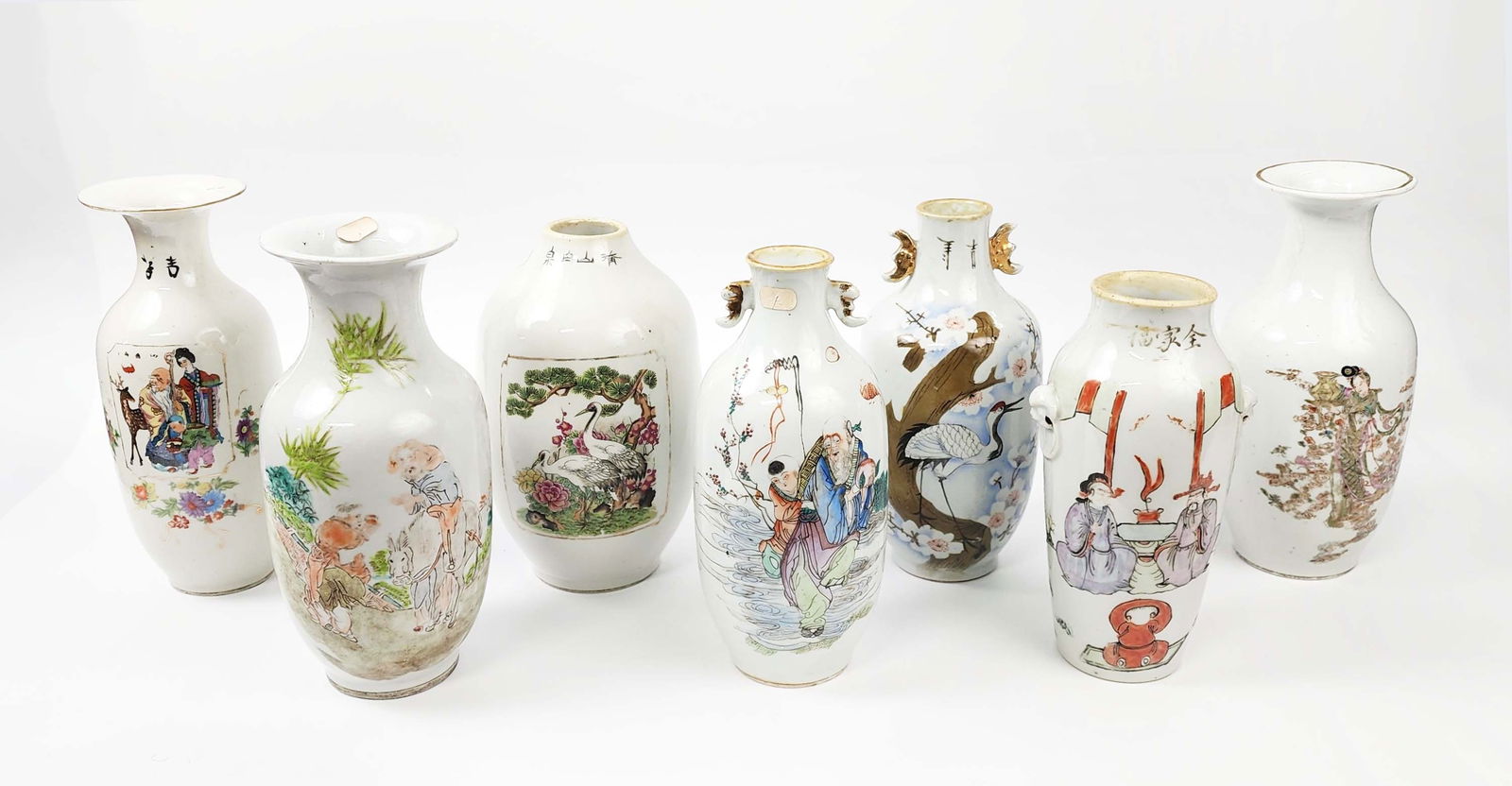 Lot of 7 Antique Chinese Porcelain Vases: Lot of 7 Antique Chinese Porcelain Vases. Including Famille Rose, Qianjiang Cai ones, largest- h. 9 inches, circa late 19th- mid 20th century. Provenance: Estate of a New York collector/ dealer. The c