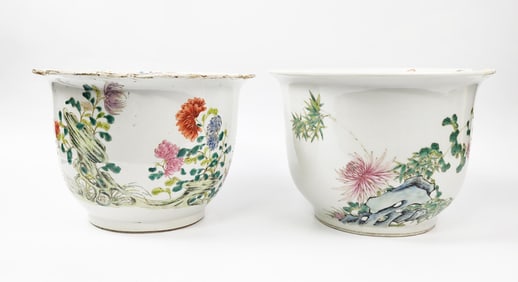 Lot of 2 Antique Chinese Famille Rose Porcelain Planters