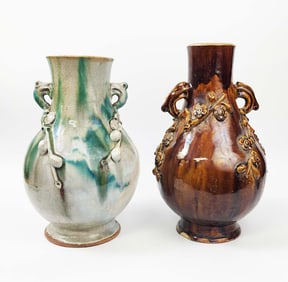 Lot of 2 Antique Chinese Brown & Green Glazed Pottery Vases
