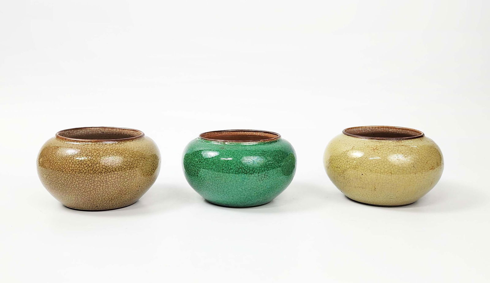 Lot of 3 Antique Chinese Olive & Apple Green Crackle Glazed Bowls (1 of 10)