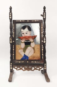 Antique Chinese Export Reverse Mirror Painting of Boy with Watermelon
