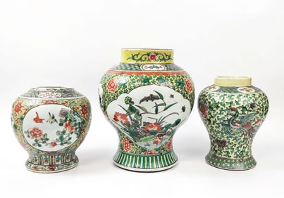 Lot of 3 Antique Chinese Yellow Ground Famille Verte Porcelain Jars