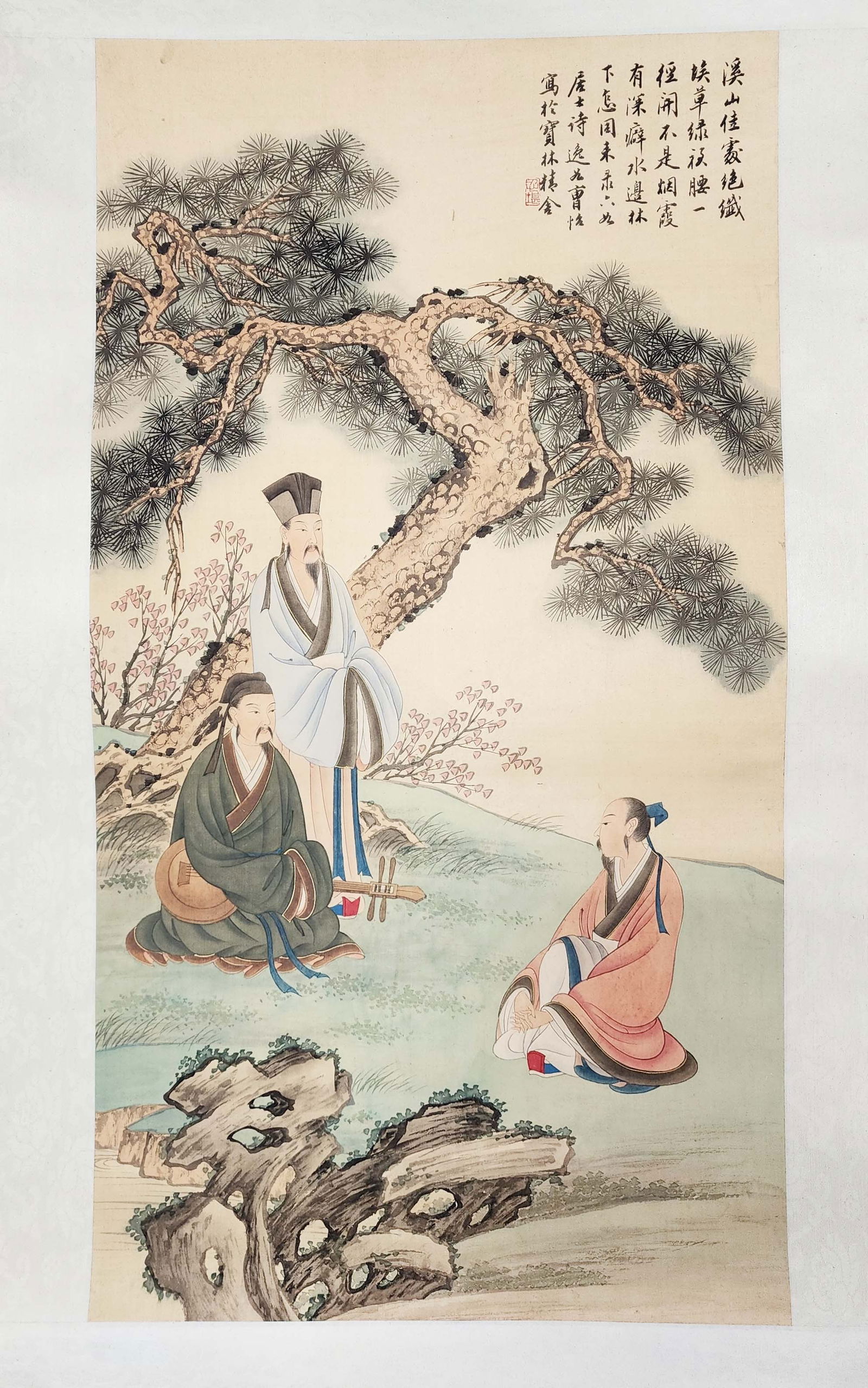 Chinese Scroll Painting with 3 Men: Chinese Scroll Painting with 3 Men , 58 x 20 inches, circa mid 20th century. Provenance: Estate of a New York collector/ dealer. The collection assembled between early 1950s to 1970s.