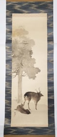 Chinese Scroll Painting with Deers Under Tree