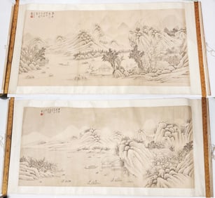Pair of Chinese Export Landscape Vertical Scroll Paintings
