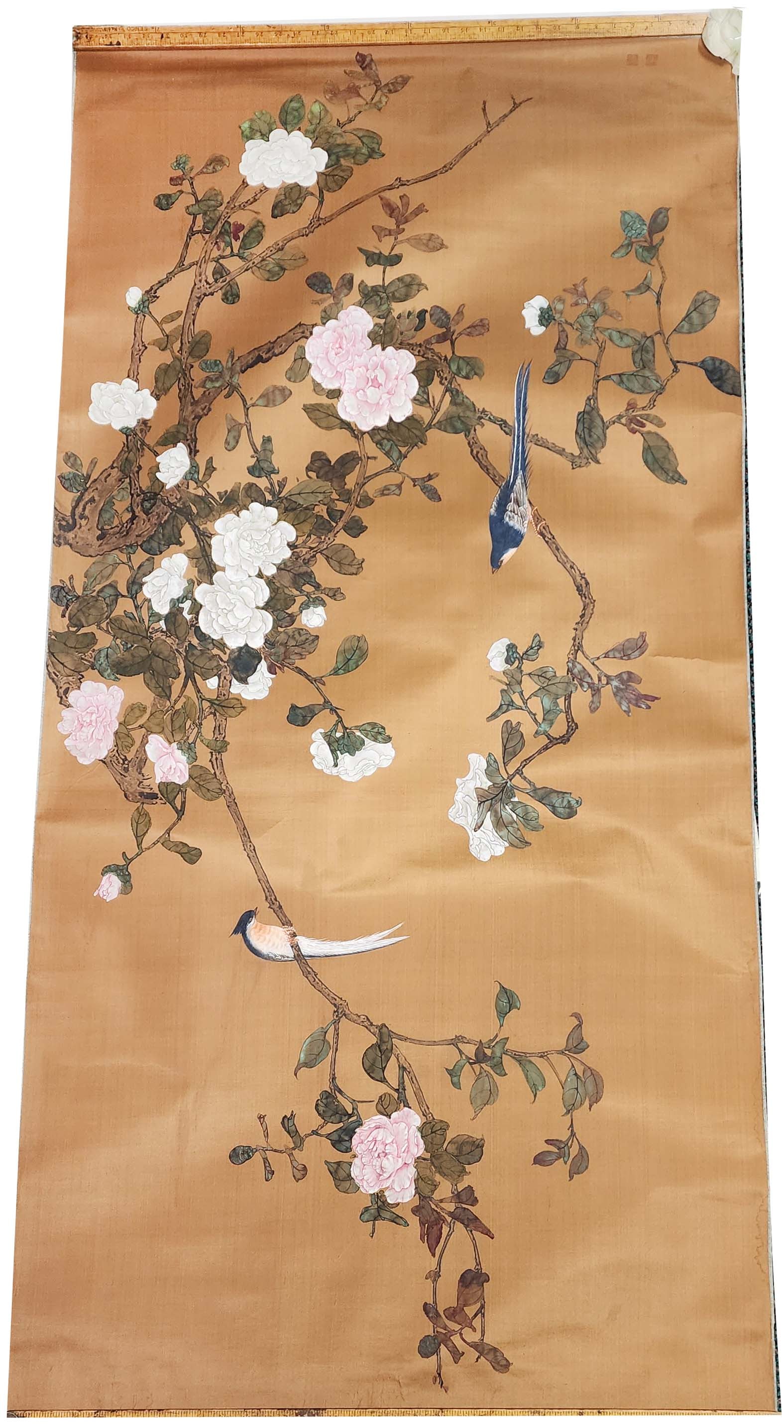 Chinese Floral Painting on Silk: Chinese Floral Painting on Silk, 72.5x36 inches, circa mid 20th century. Provenance: Estate of a New York collector/ dealer. The collection assembled between early 1950s to 1970s.