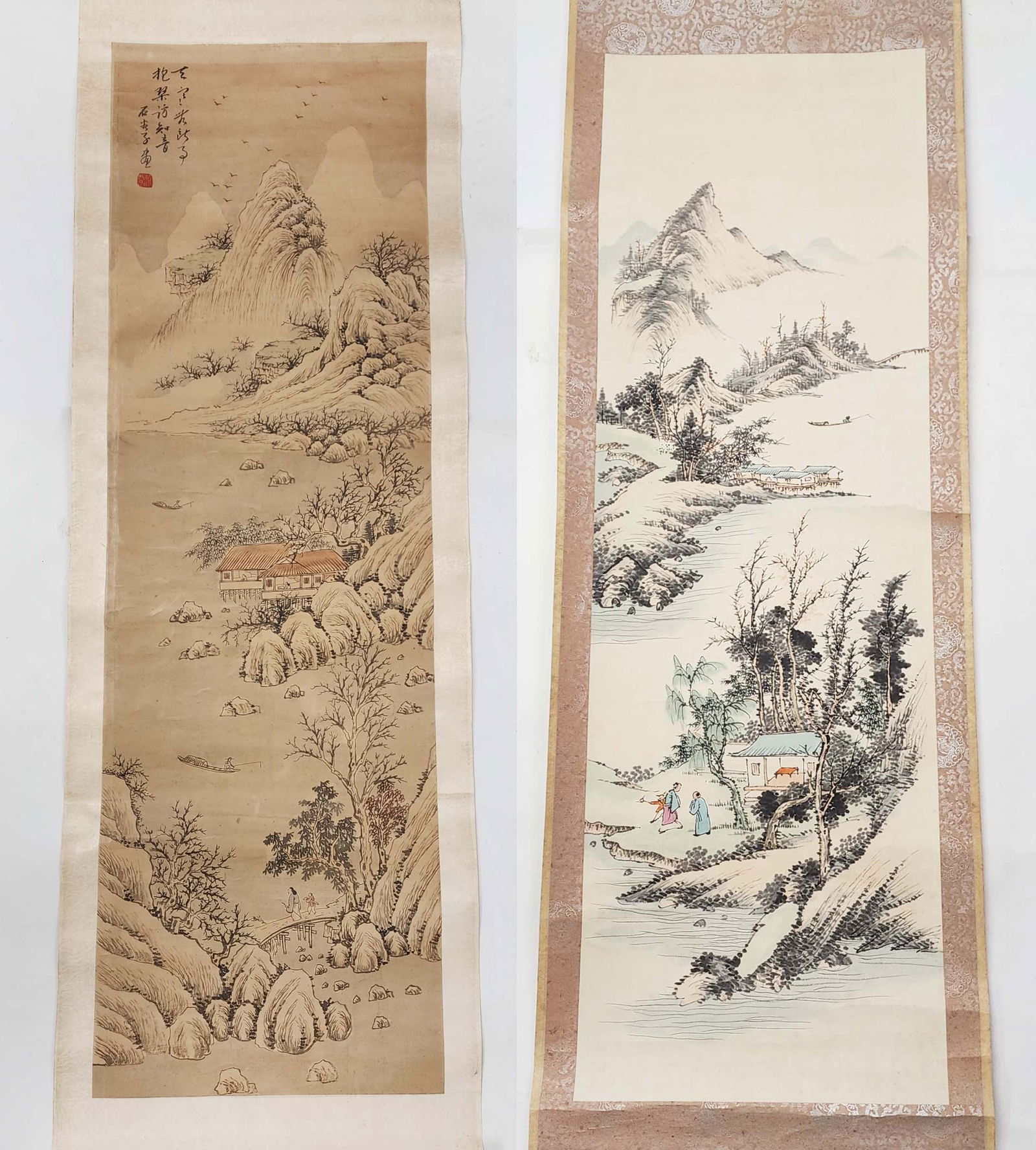 Lot of 2 Chinese Scroll Paintings Landscapes Houses by Water (1 of 11)