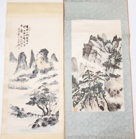 Lot of 2 Chinese Scroll Paintings Landscapes with Mountains