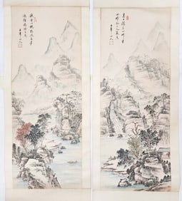 Pair of Chinese ExportLandscape Scroll Paintings in Manner of Wen Boren