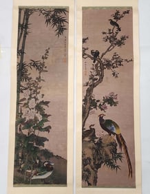Pair of Chinese Jacquard Woven Silk Bird & Floral Scrolls